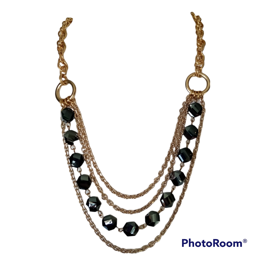 Gold Tone Necklace Dark Blue Faceted GemsBeads Multi-Strand New Nwt Adjustable 28$